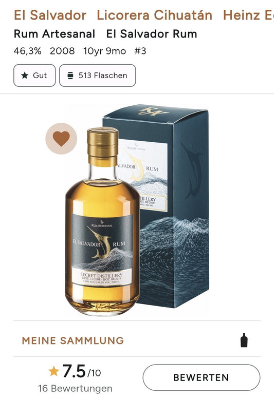 Ra Rum Artesanal El Salvador 11 Jahre 0.5l 46,3% RA single cask Rum. #3  Secret Destillery. Limitiert auf 513 Flaschen.