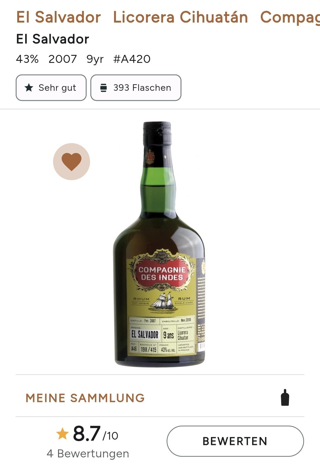 Compagnie des Indes El Salvador 9 0,7l 43%vol. Rum CDI  limitiert auf x Flaschen  Nase: fruchtige Aromen von Birne und