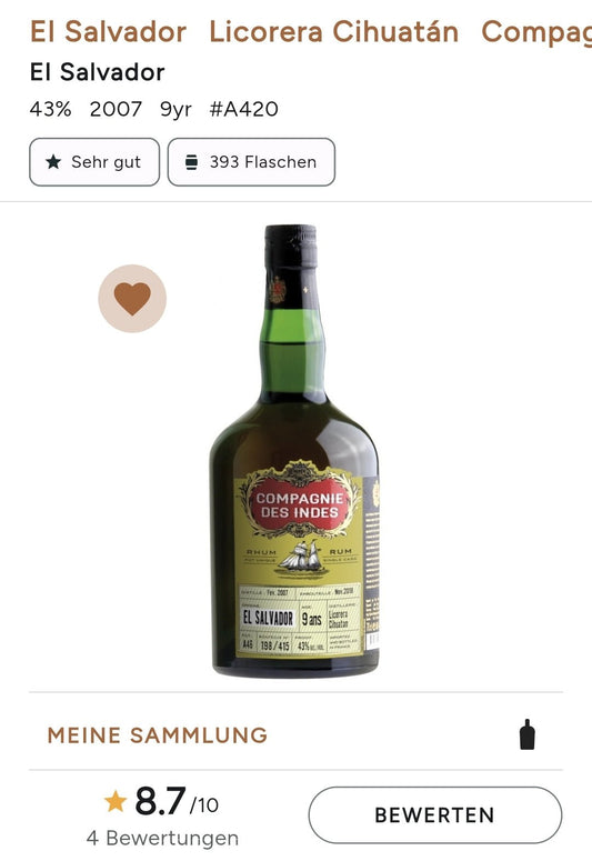Compagnie des Indes El Salvador 9 0,7l 43%vol. Rum CDI  limitiert auf x Flaschen  Nase: fruchtige Aromen von Birne und