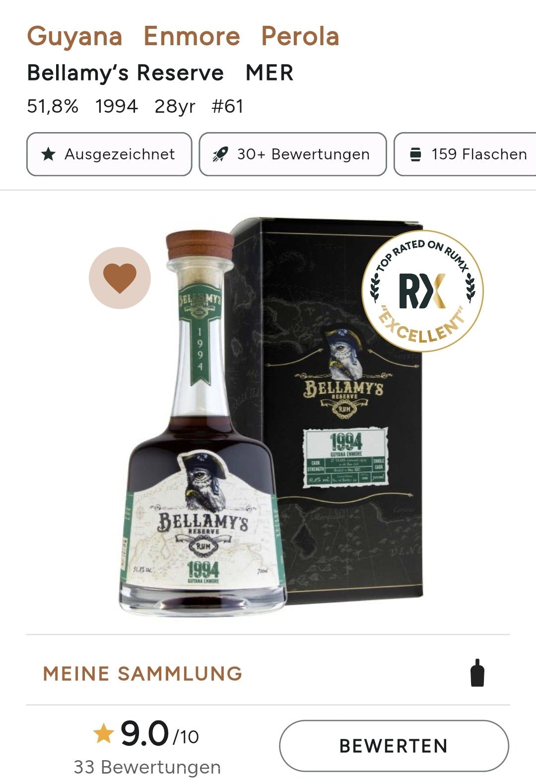 Bellamy's Reserve 28y 1994 Guyana Enmore 2022 0,7l 51,8 %vol. Single cask Rum Fassstärke
