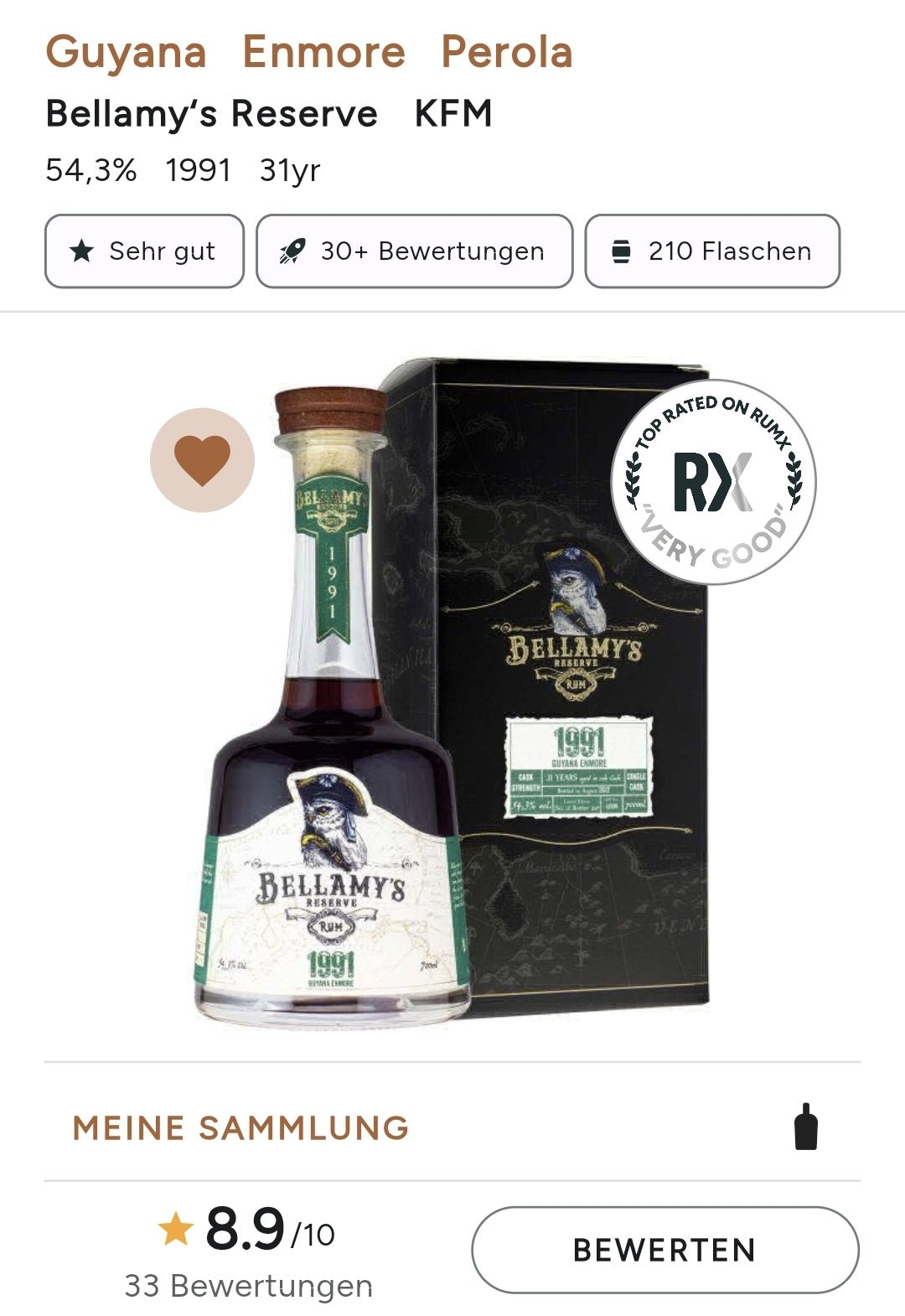 Bellamy's Reserve 31y 1991 Guyana Enmore KFM 2022 0,7l 54,3 %vol. Single cask Rum Fassstärke cask strength