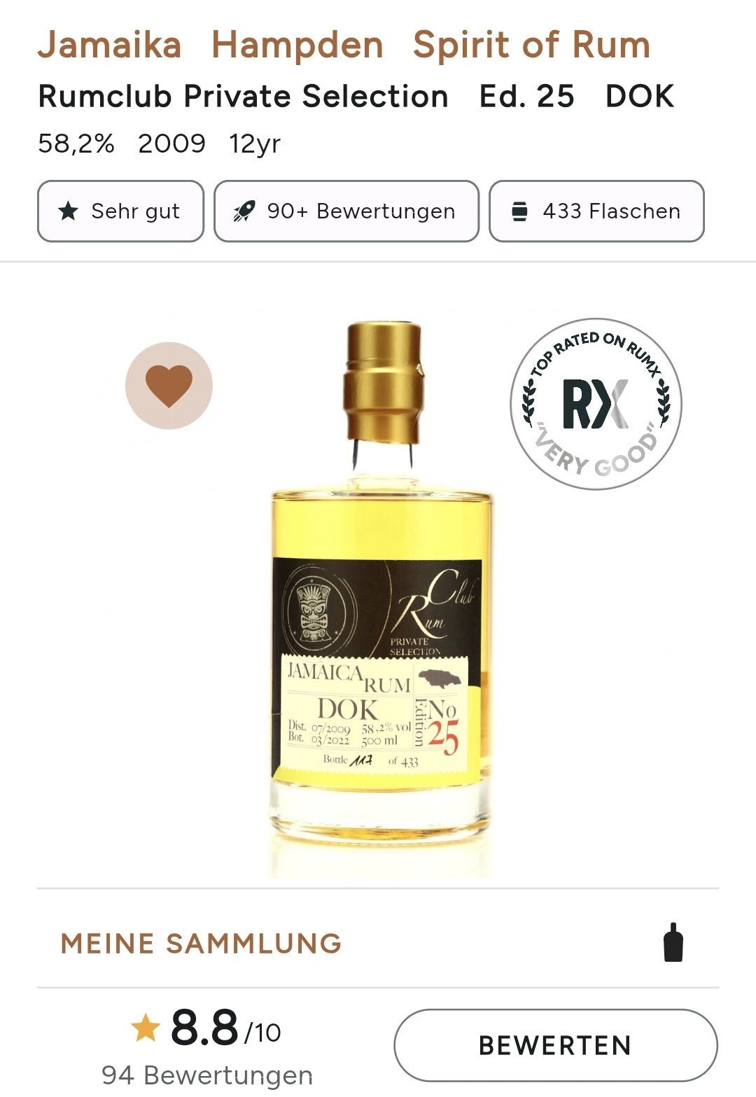 Rumclub Ed.25 Hampden HD 2009 DOK Jamaica 58,2% vol. 0,5l Single cask Rum club Jamaika