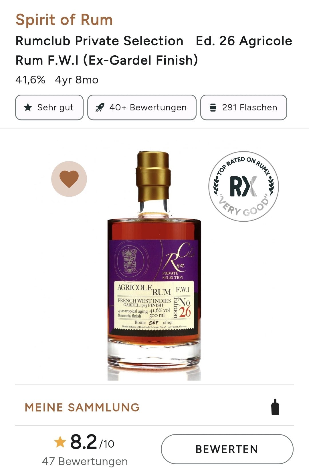 Rumclub Edition 26 private Selection Ex-GARDEL 1983 41,6% 0,5L Rhum Agricole 4-jährige