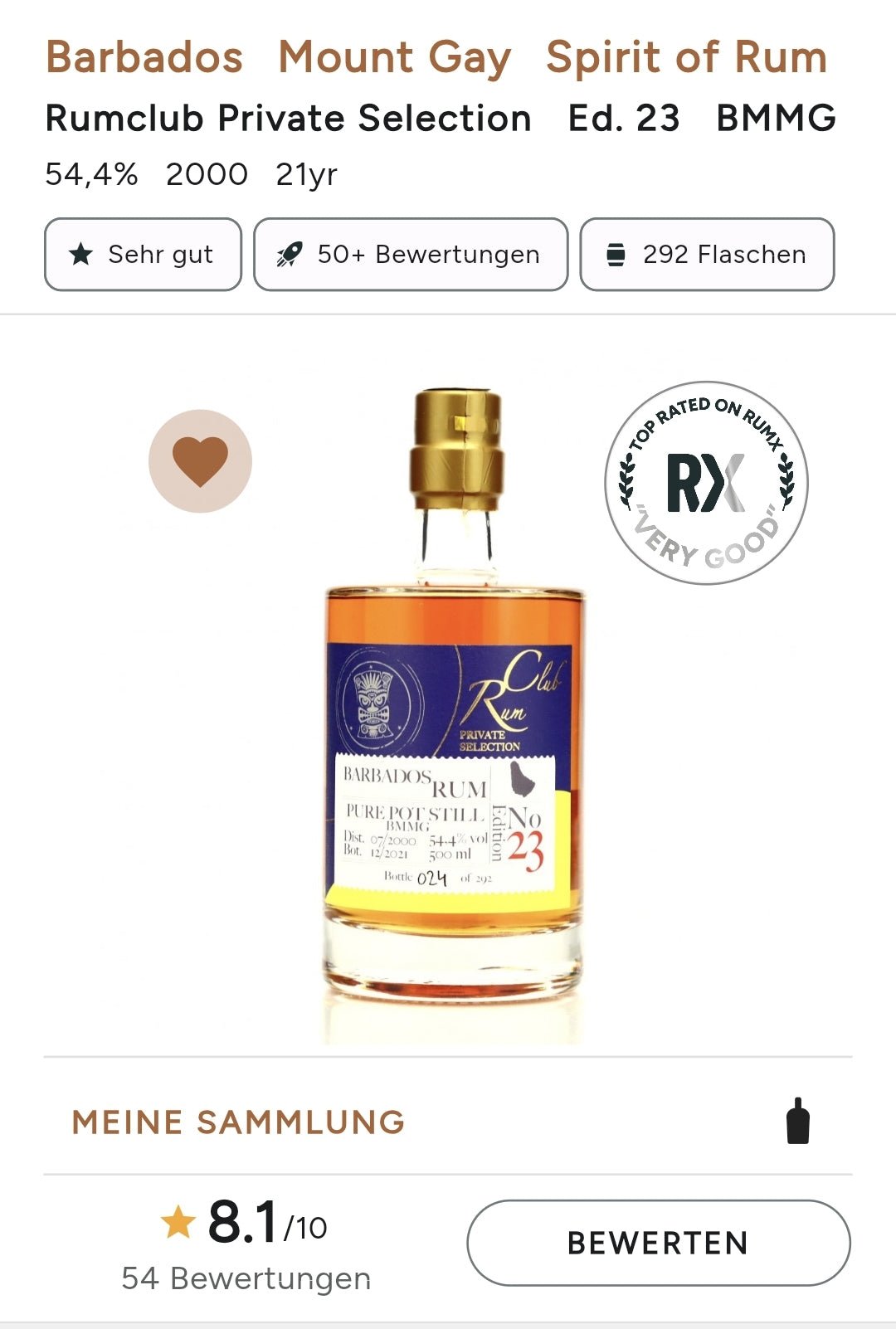 Rumclub Edition 23 Barbados 21 Y 2000 21 Marque BMMG 0,5l 54.4% vol. Mount Gay rum Barbados Pure Pot Still Rum Club Private