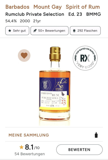 Rumclub Edition 23 Barbados 21 Y 2000 21 Marque BMMG 0,5l 54.4% vol. Mount Gay rum Barbados Pure Pot Still Rum Club Private
