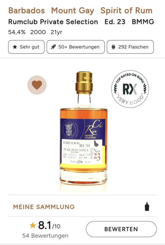 Rumclub Edition 23 Barbados 21 Y 2000 21 Marque BMMG 0,5l 54.4% vol. Mount Gay rum Barbados Pure Pot Still Rum Club Private