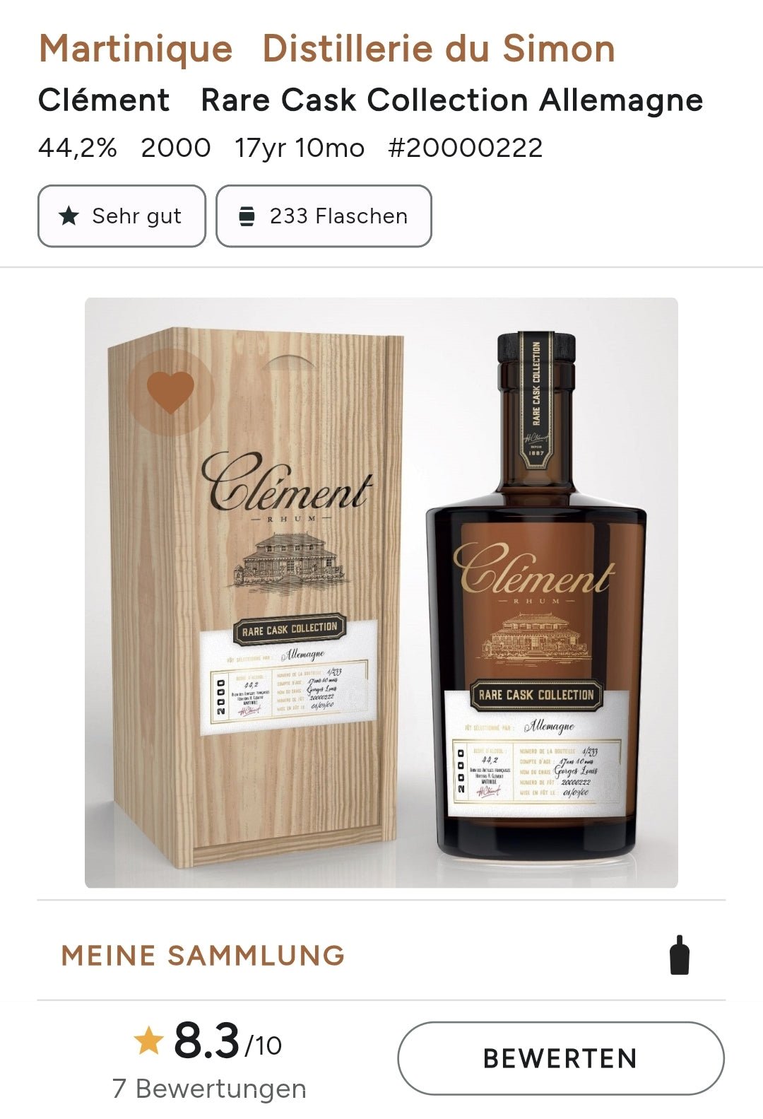 Clement Rare cask Allemagne 2000 Collection 44,2% vol. 0,5l Rum Martinique Rhum 17y und 10M Single cask limitiert auf