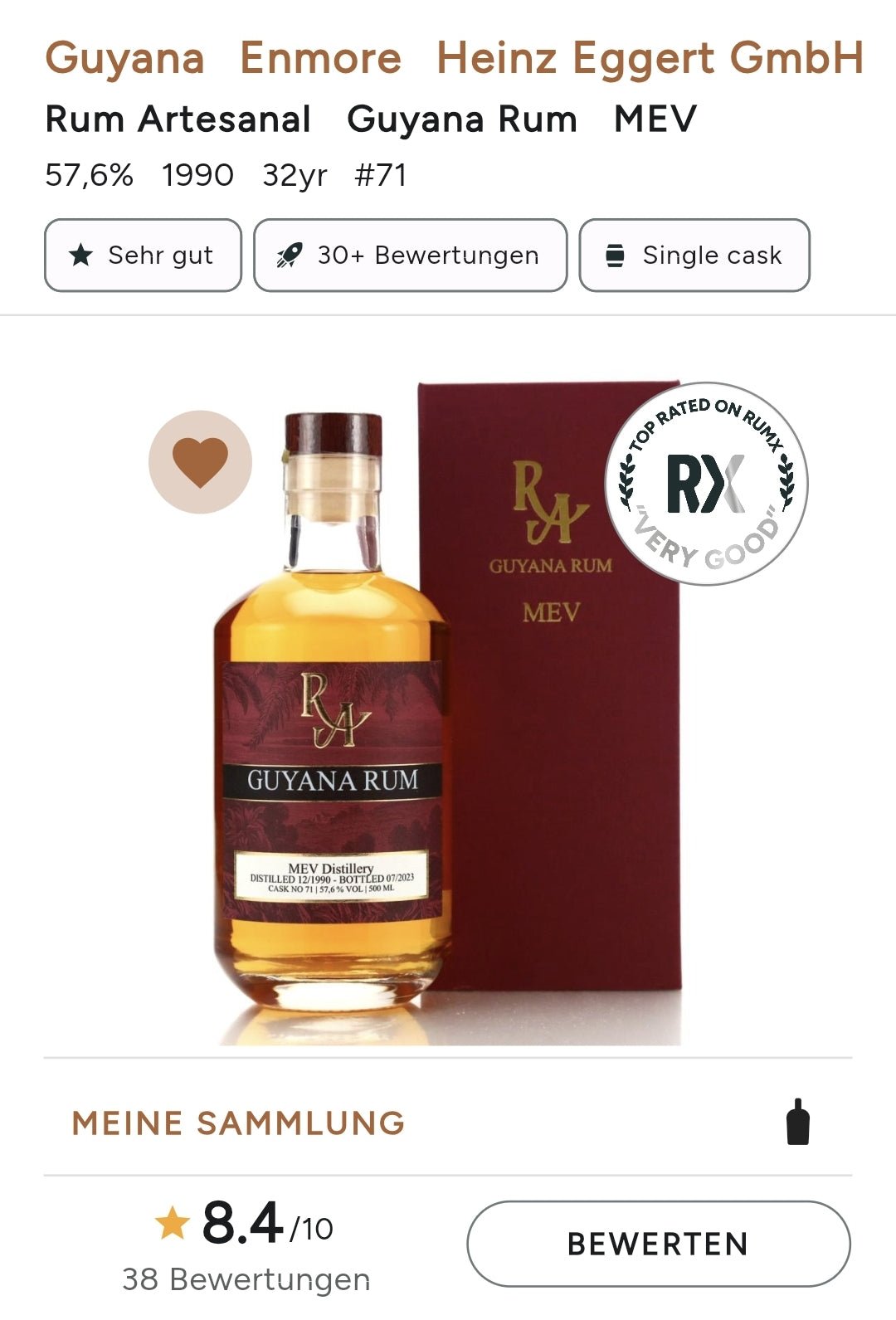 Ra Rum Artesanal Guyana 1990 S 2023 MEV 32y 57,6% 0,5 l single cask #71  limitiert auf insgesamt 260 Flaschen