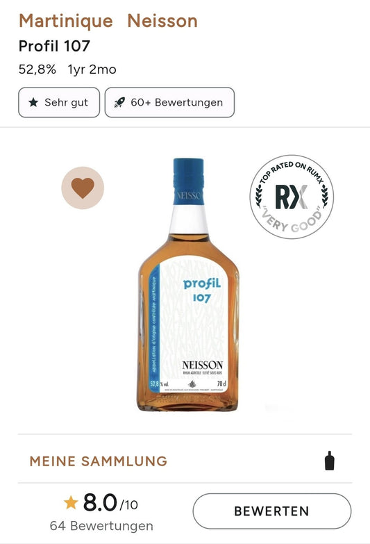 Neisson Profil 107 52,8% vol. 0,7l in GP Rum Agricole Rhum Martinique AOC Lagerung 12 -24 Monate in 650