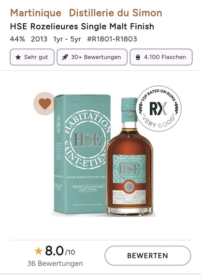 HSE 2013 2020 Rozelieures cask 44% vol. 0,5l Agricole rum Rhum Martinique limited to 4100 bottles