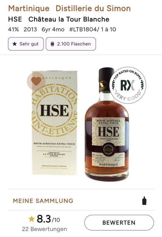 HSE 2013 2021 chateau la tour blanche cask 41% vol. 0,7l Rum Agricole Rhum Martinique  limitiert auf 4000 Flaschen