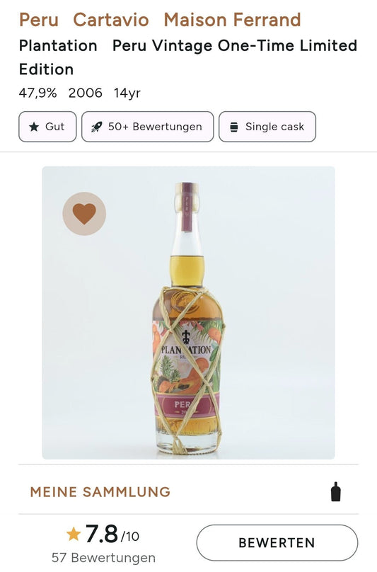 Plantation one time Peru 2006 2020 0,7l 47,9% vol. limited Edition Rum Sonderedition limitiert - inn-out-shop
