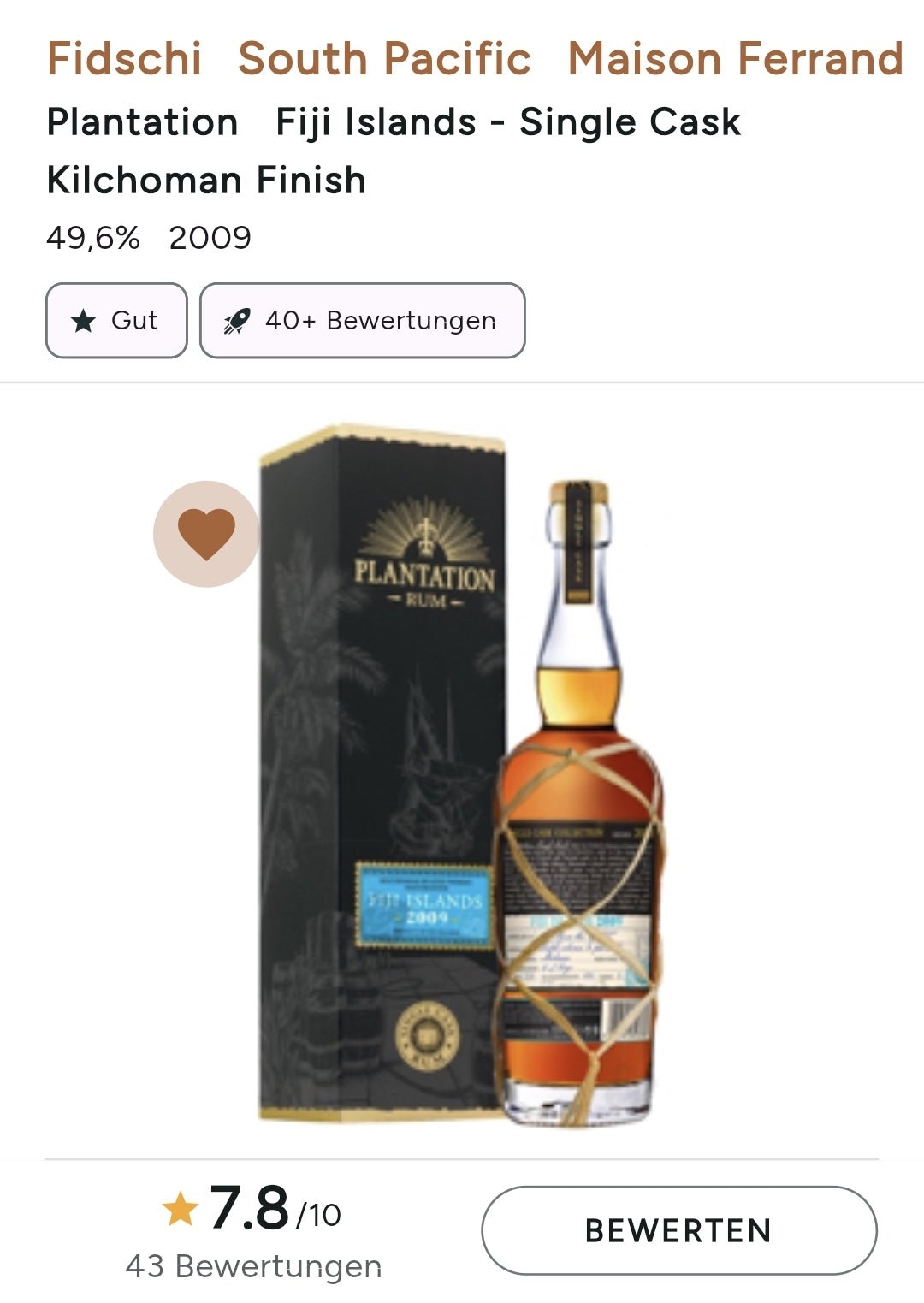 Plantation Rum Fiji Island 2009 2020 49,6 % vol. single cask Kilchoman Islay Whisky cask bottling special edition molasses,