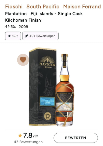 Plantation Rum Fiji Island 2009 2020 49,6 % vol. single cask Kilchoman Islay Whisky cask bottling special edition molasses,