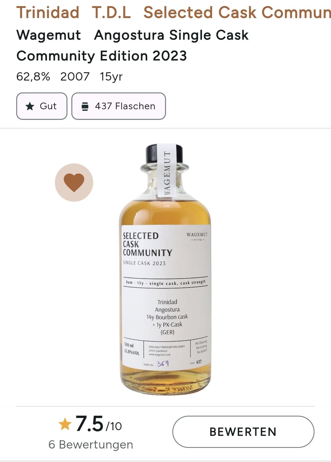 Wagemut Trinidad TDL 15y SCC PX Single Cask 2023 Cask Strength Angostura Rum 0,7l 62,8%vol.