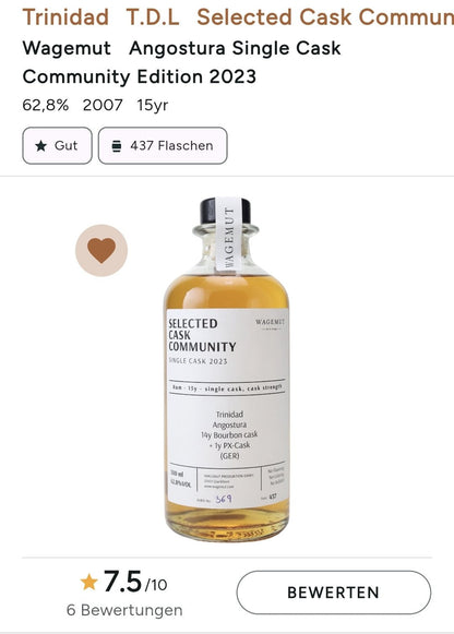 Wagemut Trinidad TDL 15y SCC PX Single Cask 2023 Cask Strength Angostura Rum 0,7l 62,8%vol.