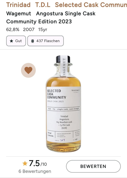 Wagemut Trinidad TDL 15y SCC PX Single Cask 2023 Cask Strength Angostura Rum 0,7l 62,8%vol.
