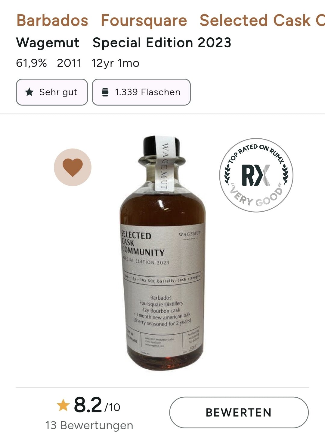 Wagemut Foursquare 12y SCC PX Single Cask 2023 Cask Strength Barbados Rum 0,7l 61,9%vol.