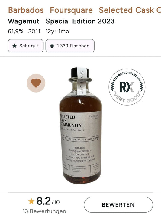Wagemut Foursquare 12y SCC PX Single Cask 2023 Cask Strength Barbados Rum 0,7l 61,9%vol.