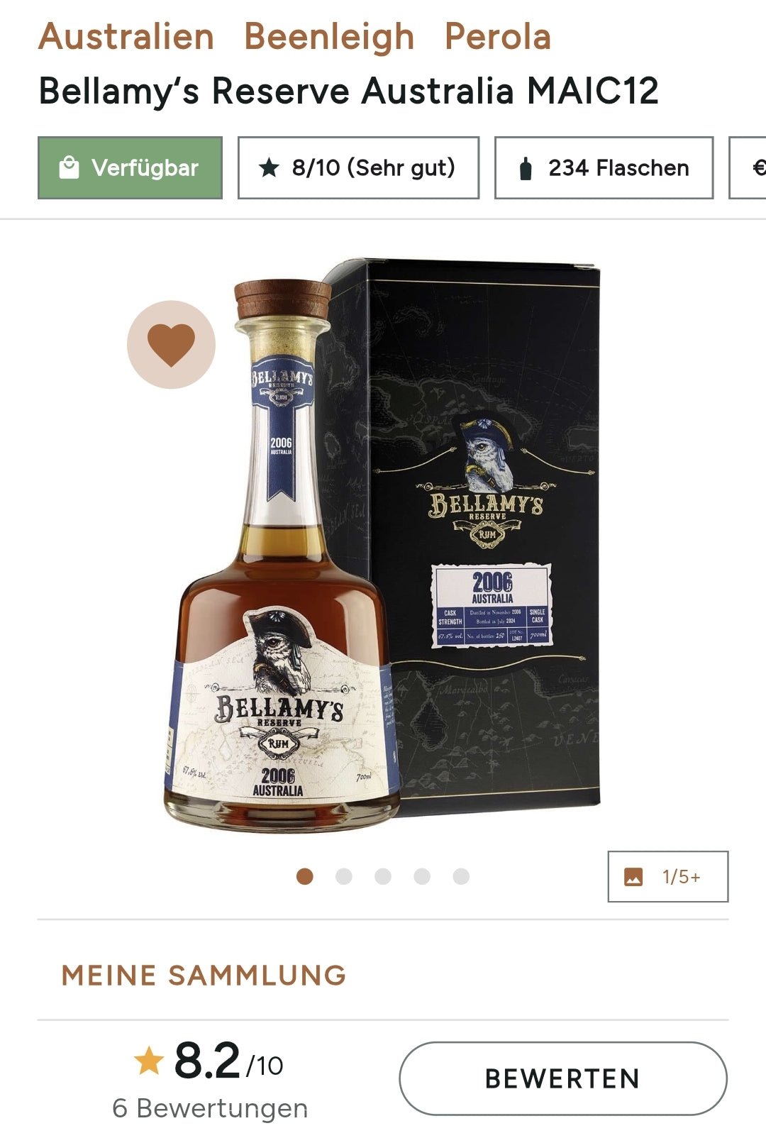 Bellamy's Reserve Australien 2006 2024 x Dist. 0,7l 57,5% vol. Belamys Rum limited Edition MAIC12