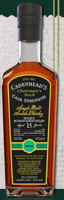 Chairman`s Stock Miltonduff-Glenlivet 15y 2009 autentická kolekce 2025 Single cask Cadenhead's 0,7l 54,4%vol. Přetočeno do sudu po červeném víně, ve kterém byl v roce 2018 Longrow. černý štítek Speyside