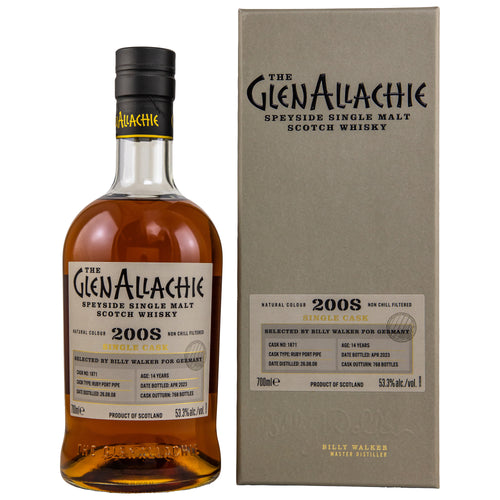 GlenAllachie 2008 2023 Ruby Port Pipe 53,3% vol. 0,7l #1871 Fassstärke Single Malt Scotch Whisky  Limitiert auf 768 Flaschen.  Nase:  Nelke, Heidehonig, Zimt, dunkle Schokolade, Haselnüsse, Marzipan.   Geschmack:   roten Beeren, Lakritz kandierten Äpfeln,  Schokoladenraspeln, glasierten Kirschen Sultaninen,  Abgang: Zimt 