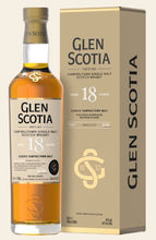 Cargue la imagen en el visor de la galería,Glen scotia 18y 0,7l 46%vol. GePa Schottland Campbeltown Refill Bourbon Barrels und American Oak Hogsheads; Finished in Oloroso Sherry Casks   Nase: Crisp saltiness, perfumed floral notes and thick sweet toffee.   Gaumen: Rich deep vanilla fruit flavours, apricot and pineapple, plump sultana.    Abgang: Long and dry with gentle warming spice.

