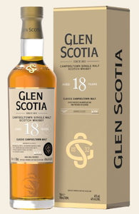 Glen scotia 18y 0,7l 46%vol. GePa Schottland Campbeltown Refill Bourbon Barrels und American Oak Hogsheads; Finished in Oloroso Sherry Casks   Nase: Crisp saltiness, perfumed floral notes and thick sweet toffee.   Gaumen: Rich deep vanilla fruit flavours, apricot and pineapple, plump sultana.    Abgang: Long and dry with gentle warming spice.