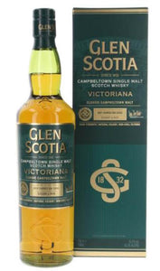 Glen scotia Victoriana 0,7l Fl 54,2% vol. single malt whisky Deep Charred Oak Casks Small Batch  First Second Fill Bourbon glenscotia PX und Heavily Charred Oak Casks   Nase: Dark again. An elegant nose with hints of oak driving the bouquet. Interesting creme brulee notes leading to generous caramelised fruits and finally polished oak.  Gaumen : Sweet concentrated jammy blackcurrant fruitiness.  big mid palate. Typical tightening towards back palate. austere water.  initially sweet.The green bean, cocoa .