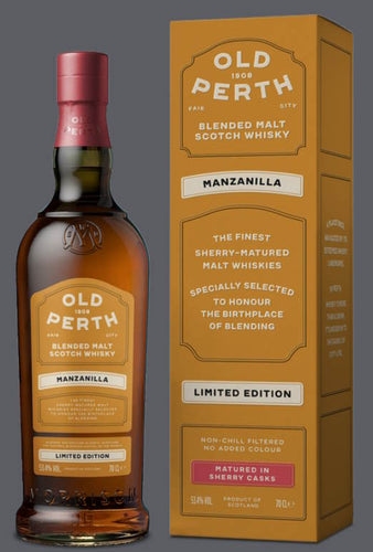 Old Perth Manzanilla cask cs limited Edition 0,7l 53,4% vol. Whisky blend gereift 11 HANDVERLESENEN MANZANILLA SHERRY FÄSSERN Cask- 6 HOGSHEADS 5 BUTTS.   limitiert auf 4200 Flaschen   Nase    DUFTEND BLUMIG SENWASSER GERÖSTETE MANDELN  Gaumen:   VOLLER KNACKIGER OBSTSORTEN HONIG-AMARETTI-KEKSEN. Abgang 