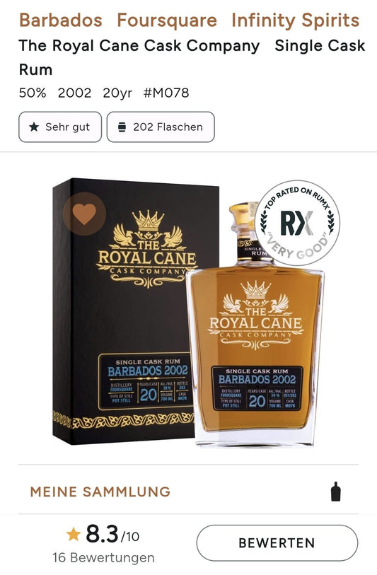 Royal Cane Barbados 2002 0,7l 50%vol. Rum single cask Distillery: Foursquare Rum 20 years -American white