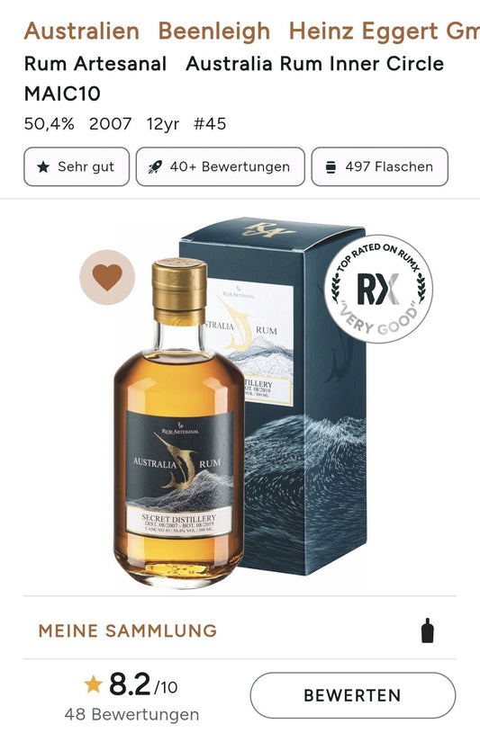 RA Rum Australian 2007 2019 #49 0,5l 50,4% vol. singl cask Rum Artesanal Australien Pot still   Limitiert auf