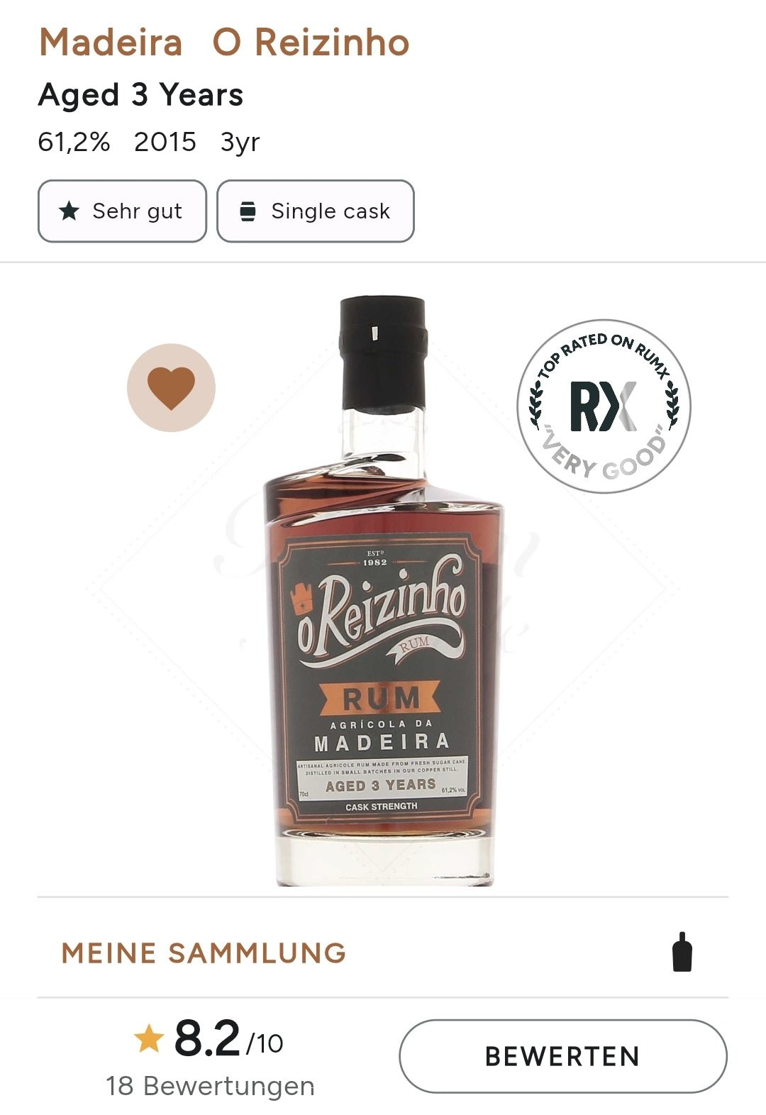 O REIZINHO Fassstärke 3y Madeira 0,7l 61,2% vol. Portugal Agricola Rum    limitiert auf  xxFlaschen,     Nase: