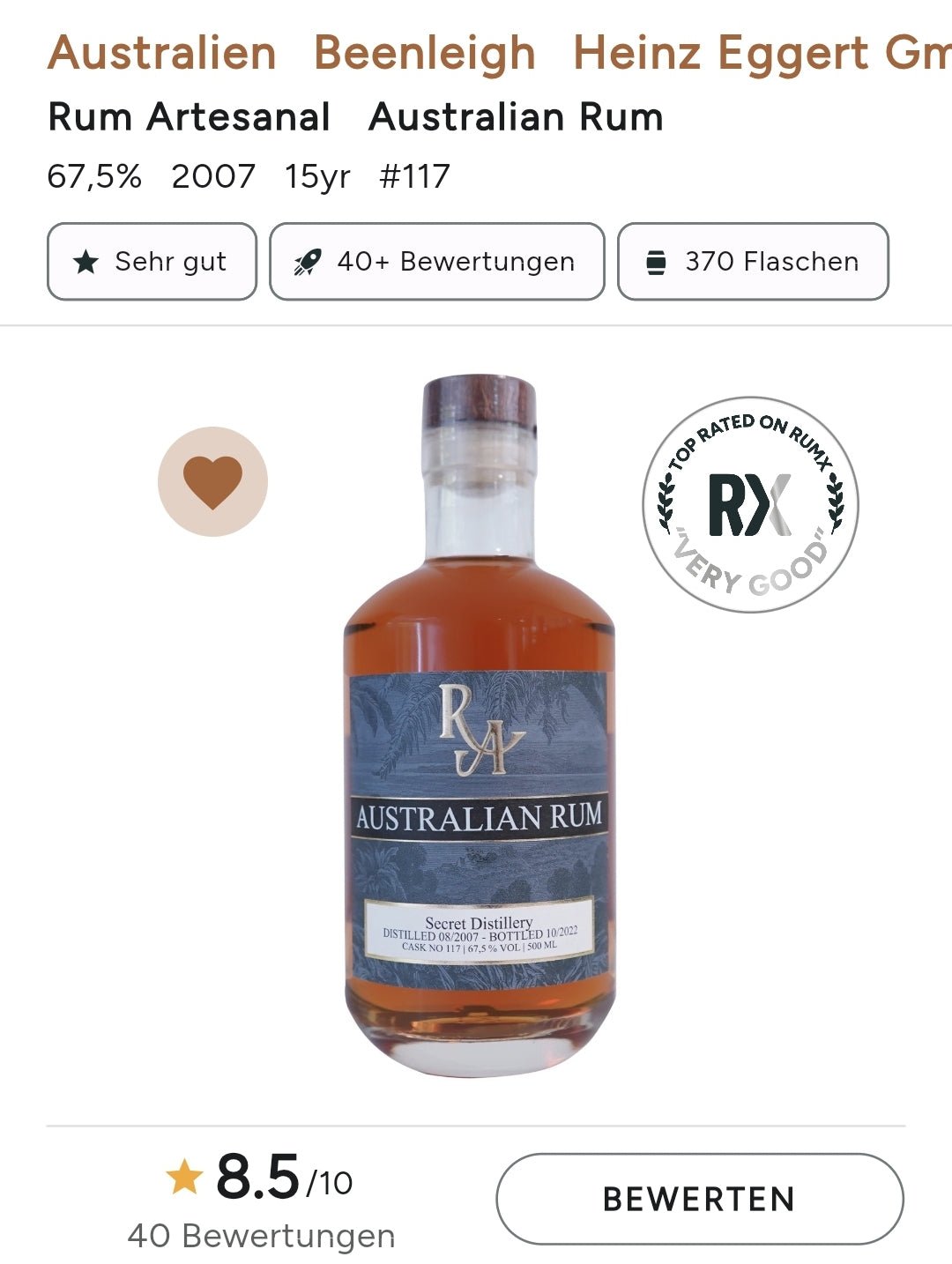 RA Rum Australian 2007 2022 Winter 0,5l 67,5% vol. singl cask Rum Artesanal Australien Limitiert auf 370