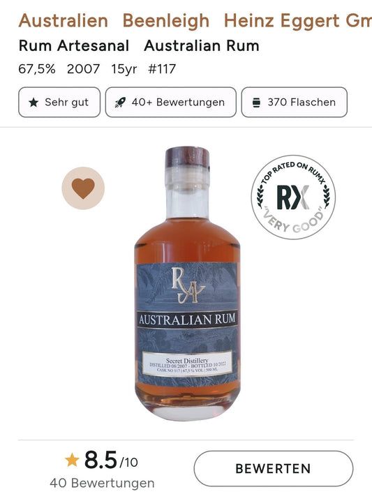 RA Rum australský 2007 2022 Winter 0,5l 67,5% obj. single cask Rum Artesanal Australien Limitováno na 370