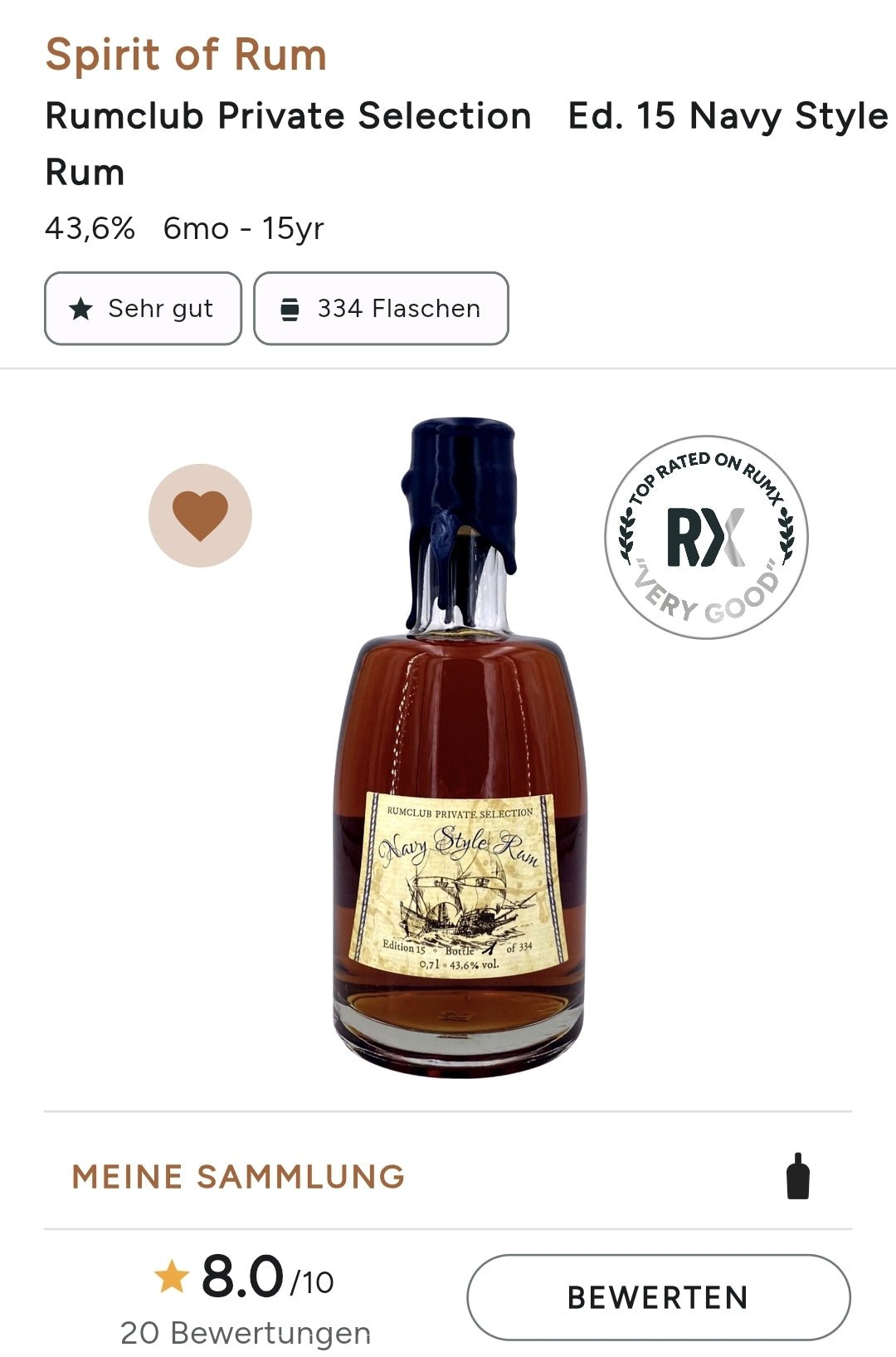 Rumclub Private Selection Caribbean Rum Ed. 15 Navy style 43,6 %vol 0,7l  limitiert auf 334 Fl , mehrmonatiges Finish in ehem