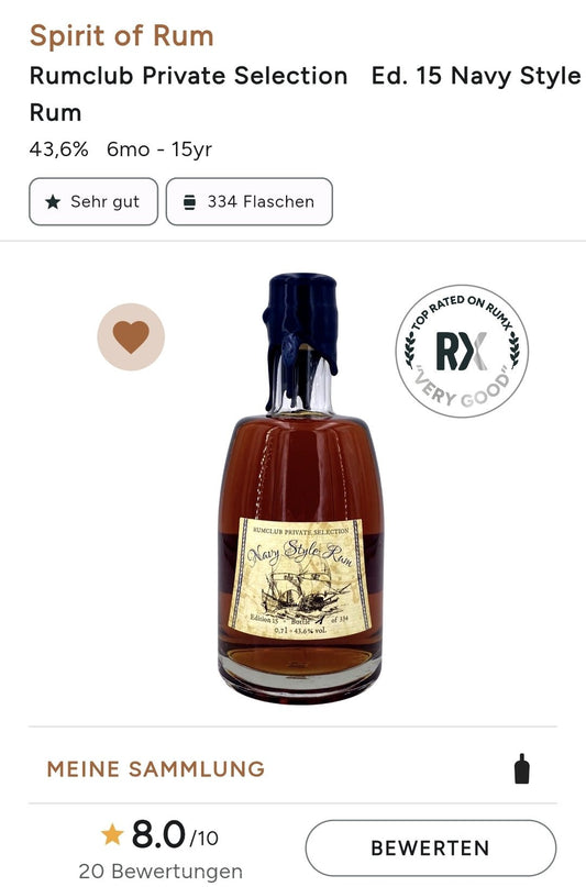 Rumclub Private Selection Caribbean Rum Ed. 15 Navy style 43,6 %vol 0,7l  limitiert auf 334 Fl , mehrmonatiges Finish in ehem