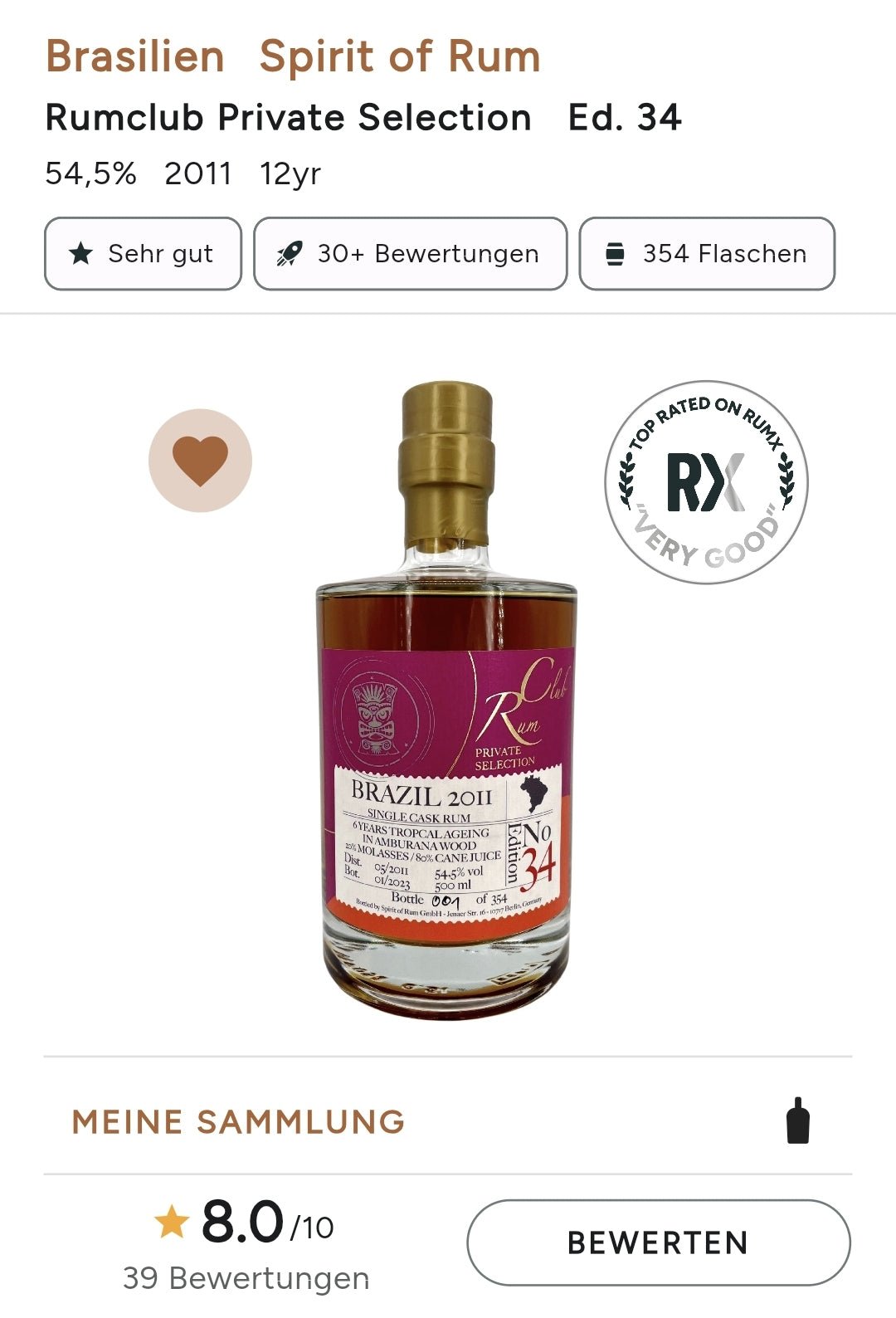 Rumclub ed.34 Brazil 2011 2023 0,5l 54.5% vol. rum 6y tropical Amburana wood 20% Melasse 80 % Cane juice
