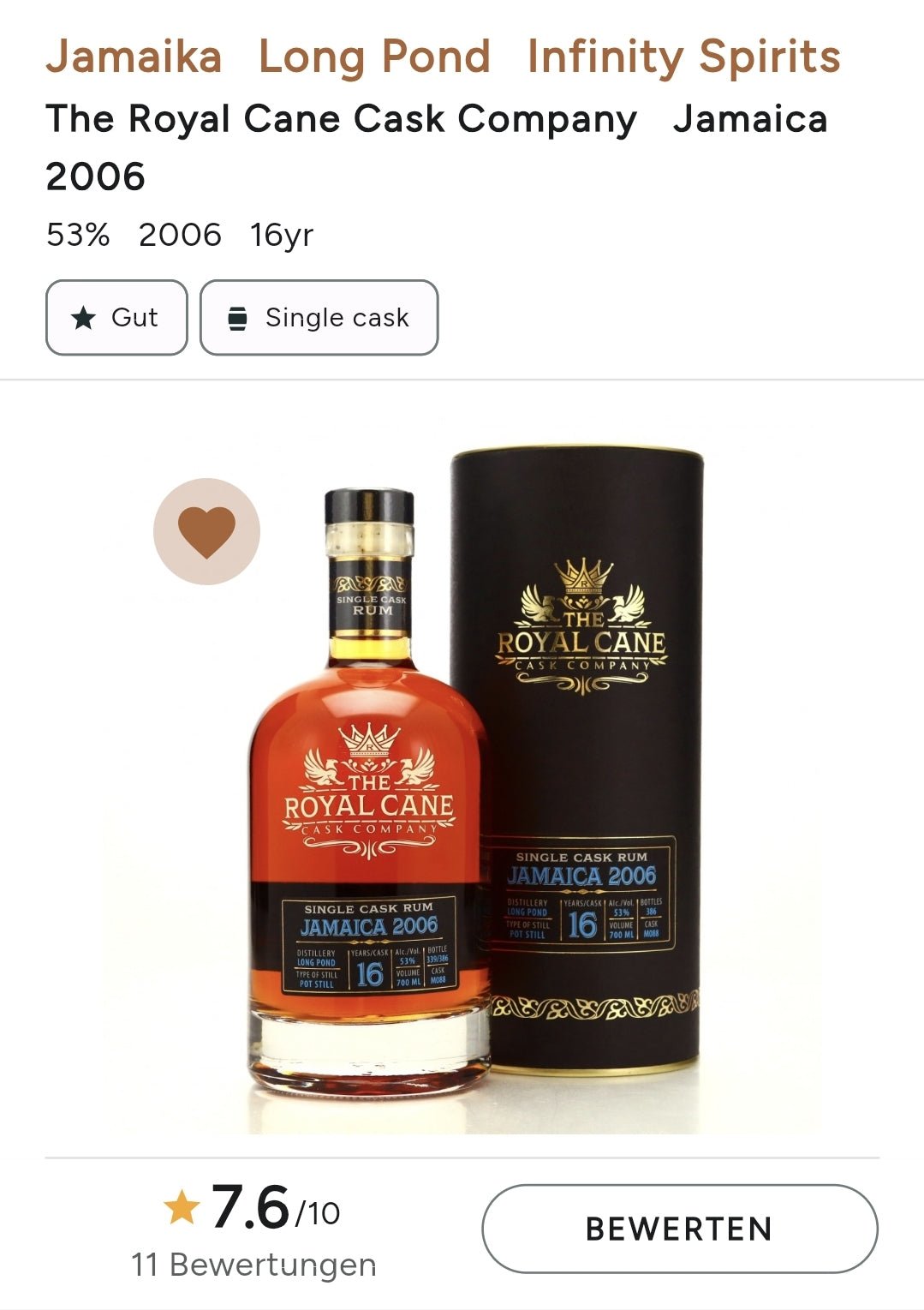 Royal Cane Jamaica 2006 0,7l 53%vol. Rum single cask Distillery: Long Pond Distillers - 16 years American