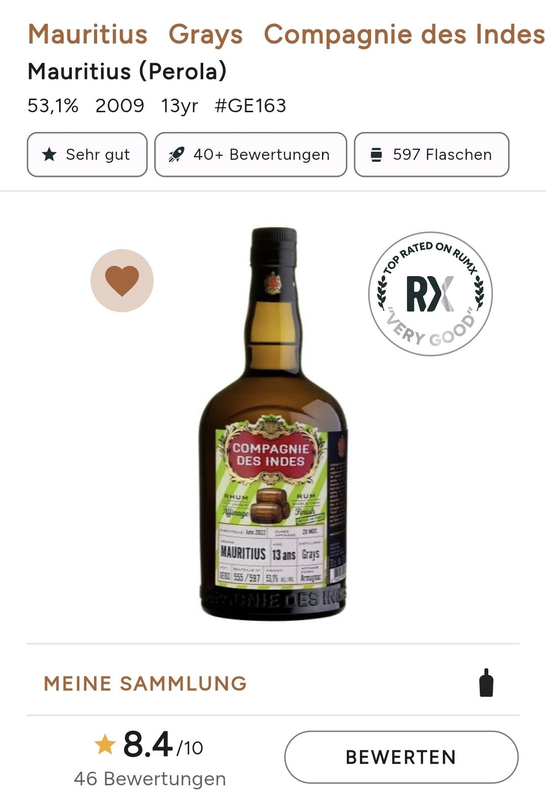 Compagnie des Indes Mauritius 13Y 2022 Ex-Armagnac cask grays Dist. 53,1% vol. 0,7l cdi R