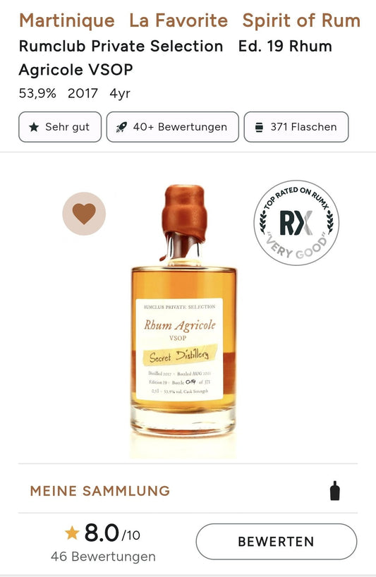 Rumclub Ed.19 La Favorite secret ( Martinique ) 53,9% vol. 0,5l Single cask Rum Rhum Agricole VSOP limitiert 372 Flaschen.