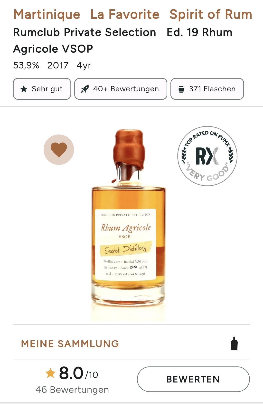 Rumclub Ed.19 La Favorite secret ( Martinique ) 53,9% vol. 0,5l  Single cask Rum Rhum Agricole VSOP limitiert 372 Flaschen.