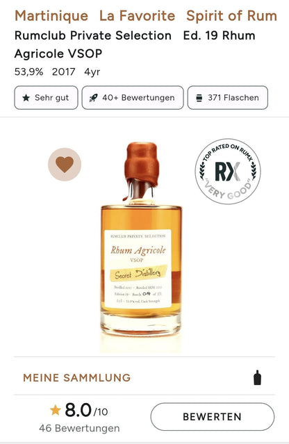 Rumclub Ed.19 La Favorite secret ( Martinique ) 53,9% vol. 0,5l  Single cask Rum Rhum Agricole VSOP limitiert 372 Flaschen.