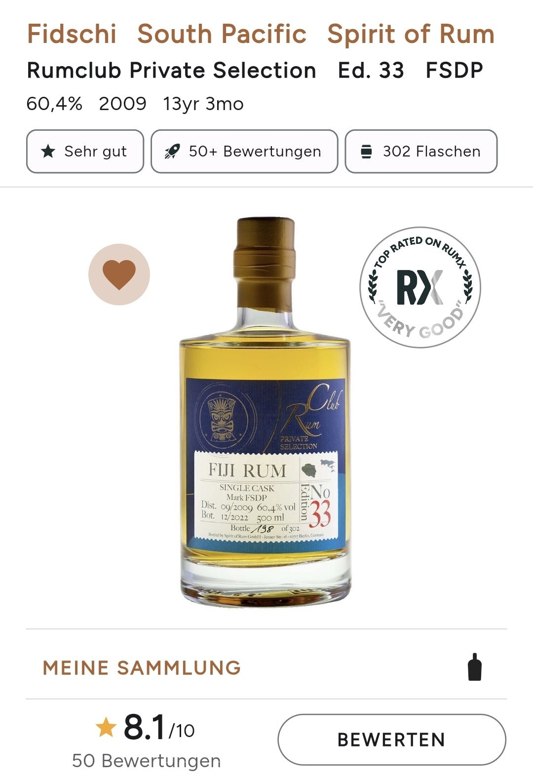 Rumclub Fiji 13y 2009 Ed.33 Marque FSPD 2022 60,4 % 0,5l fl South Pacific Distillery Mark Fehldruck FSDP