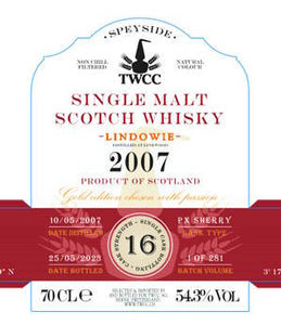 Twcc Linkwood 2007 Single cask 16y Lindowie  0,7l 54,6%vol. single cask The stillmans scotch Whisky