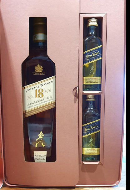 X Johnnie Walker 18 & blue Label Set 1x 0,7l 40% vol. +2x 0,05l 40% Blended Malt Scotch Whisky