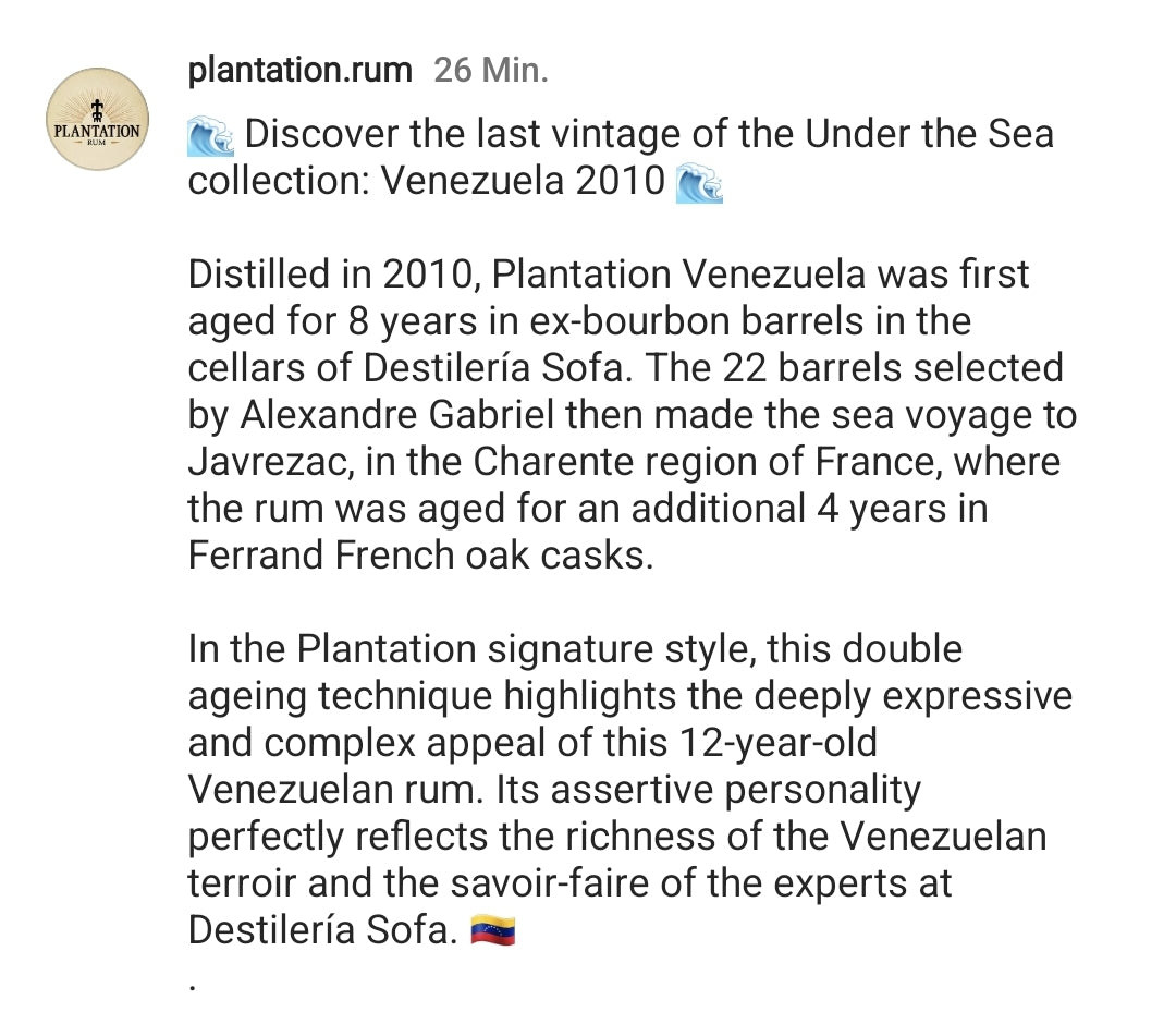 Plantation one time Venezuela 2010 0,7l 52% vol. limited Edition Rum Sonderedition limitiert under the sea
8 y ex-bourbon